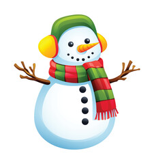 Snowman with scarf, earmuffs, and twig arms. Vector cartoon illustration
