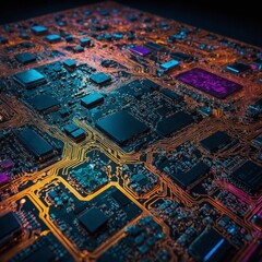 Obraz premium An abstract, vibrant, and colorful technology background featuring a futuristic electronic circuit board design.