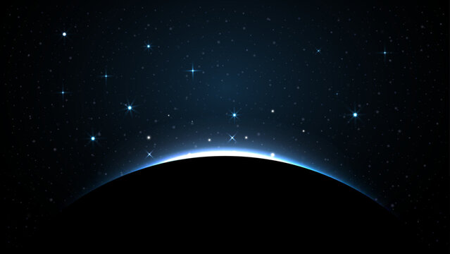 Stunning Planet Eclipse Concept: Blue Solar Light Glare an Abstract Glowing Sunrise on Planet and Earth Illustration for Posters, Backgrounds, Banners, Covers, Leaflets, Flyers, and Brochures. Vector.