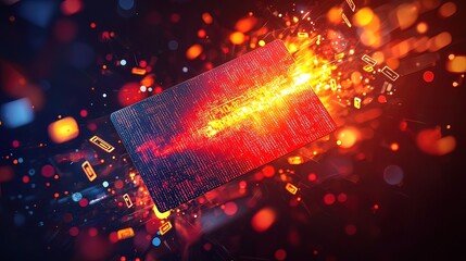 Burning digital card exploding with fiery particles and data streams.