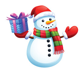Snowman with red Santa hat, gift box, gloves, and scarf in winter holiday theme. Vector cartoon illustration