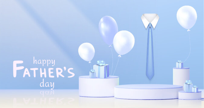 Father day 3d podium display with elegant blue neck tie, wrapped presents and floating balloons. Minimalist celebration scene with white platform on soft pastel background. Greeting card or banner.