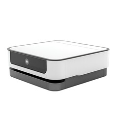 High-tech office printer with sleek design, placed on a desk, isolated on a white background.