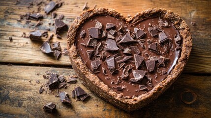 Heart-shaped chocolate tart on wood, Valentine's Day dessert