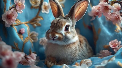 Cherry Blue "Happy Chinese New Year 2025" on a serene blue banner with detailed gold rabbit motifs and delicate cherry blossoms, creating a festive and elegant appearance.