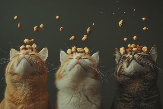 Cats with sacred halos made of peanuts sitting together, evoking a whimsical blend of spirituality and playfulness in vibrant detail - Powered by Adobe