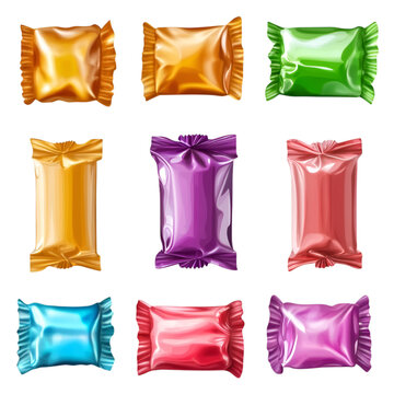 Pack of colorful candy bars with wrappers, on transparent background.