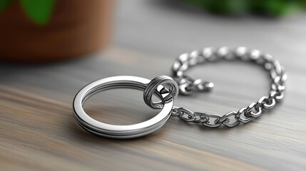 Silver Key Ring and Chain on Wooden Surface with Green Background
