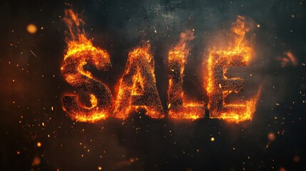 Fiery 'SALE' text crackling with energy, flames flickering against a black background, perfect for dynamic and high-impact shopping promotions.