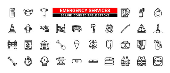 36 Emergency Services Line Icons Set Pack Editable Stroke Vector Illustration.