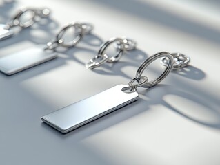 Silver Keychains with Empty Tags on a Smooth White Surface