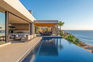 Fototapeta premium Stunning infinity pool at a contemporary vacation home overlooking the ocean in a coastal paradise with modern design elements and serene environment