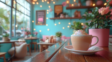 Sprinkled drink on table, indoor cafe, blurred seating and lights background