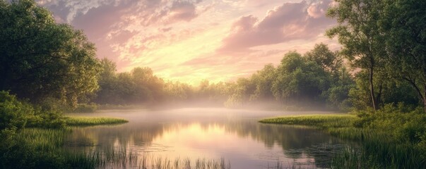 Obraz premium Serene sunrise over misty lake nature landscape photography peaceful environment tranquil viewpoint beautiful concept