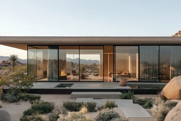 A serene minimalist vacation home in the desert modern architecture tranquil environment scenic viewpoint for relaxation and inspiration