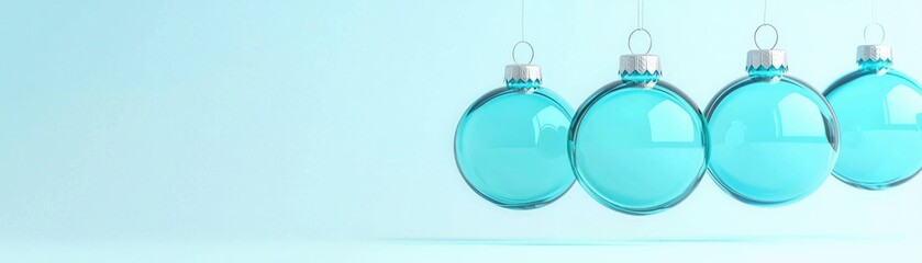 Four turquoise ornaments hang against a soft blue backdrop, creating a serene and festive atmosphere.