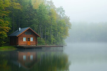 Fototapeta premium Embrace tranquility in a cozy lakeside log cabin your ideal vacation home amidst misty forests and serene waters