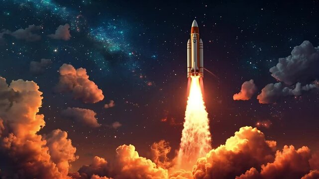 Rocket launching into space against a starry background in slow motion for OBS livestream overlays 4k Video