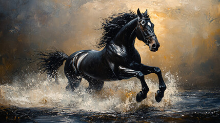 Obraz premium Black horse running in a river