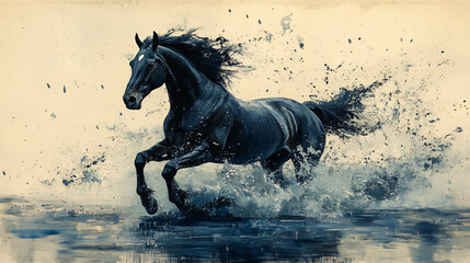 Black horse running in a river