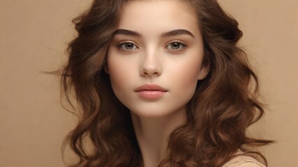 Fototapeta premium A fresh portrait of a young woman or girl for the design of skin care and makeup products on pink background