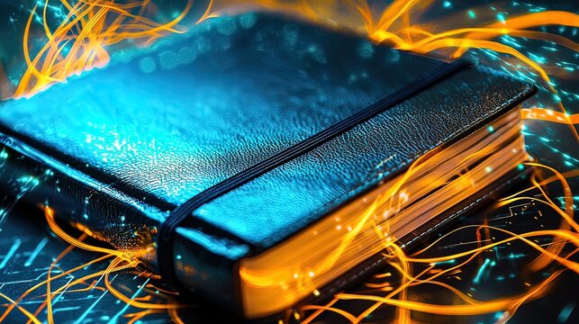 Glowing notebook with energy streams, digital concept. - Powered by Adobe