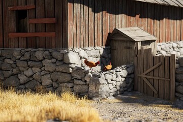 A small farmyard with a stone wall and a chicken coop