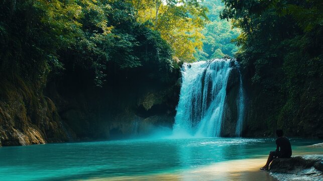 Man sits by serene waterfall in lush green jungle.