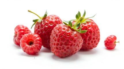Fresh Ripe Strawberries and Raspberries Cluster, Displaying Vibrant Red Color and Green Stems, Isolated White Background, Clean Studio Lighting, High Resolution Close Up, Eye-Level View, Focus.