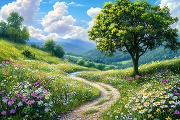 Serene Mountain Meadow Path: Winding Road, Lush Blooms, and Majestic Peaks