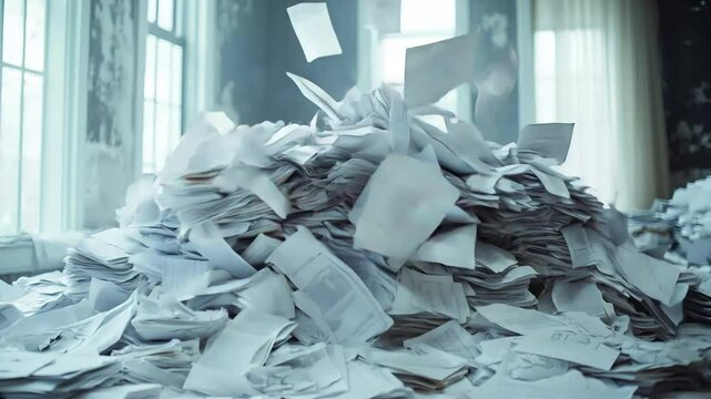 Papers exploding and falling in the air in a bright office space