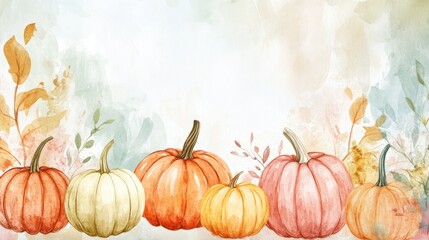 Watercolor pumpkins and autumn leaves on a soft background.