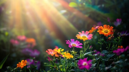 Obraz premium LGBTQ pride-inspired garden of vibrant, rainbow-colored flowers in full bloom. Copy space for design or messaging.
