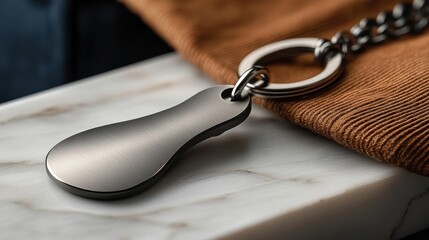 Sleek Metal Keychain on Marble Surface with Rustic Fabric Background