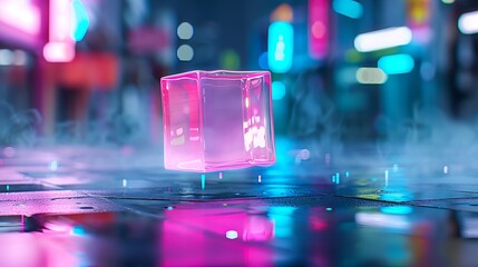 Glowing pink cube in a futuristic city at night.