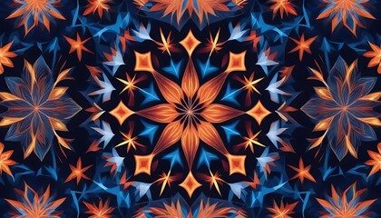 Abstract Kaleidoscope Pattern Featuring Orange And Blue Flowers