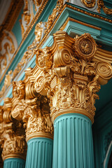 Fototapeta premium Gilded Columns Adorn Elegant Teal Building Facade