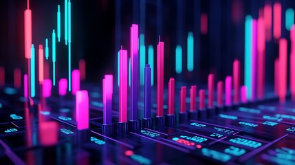 Abstract 3D rendering of vibrant stock market data visualization.