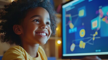 A kid smiling and answering questions during a fun online learning session with colorful graphics on the screen.