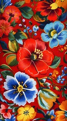 Fototapeta premium 52. A Ukrainian fabric pattern with traditional floral embroidery motifs in vibrant reds, blues, and yellows