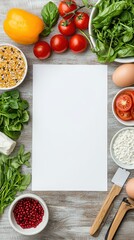 A vibrant arrangement of fresh vegetables, pasta, eggs, and herbs surrounding a blank recipe card on a rustic wooden surface.