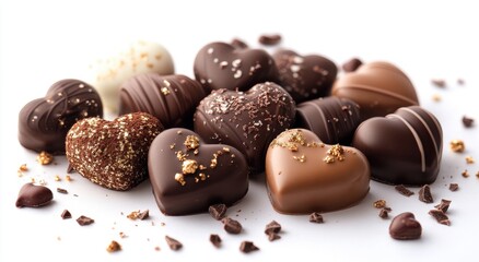 Assorted Heart-Shaped Chocolates in Various Flavors and Textures Perfect for Celebrations and Romantic Occasions on a White Background