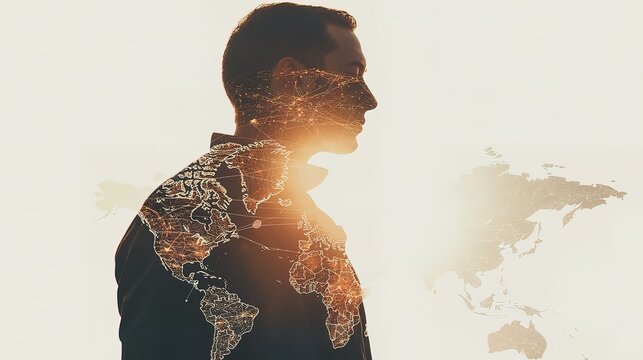 Silhouette of a man with a superimposed world map, representing global connection and networking.