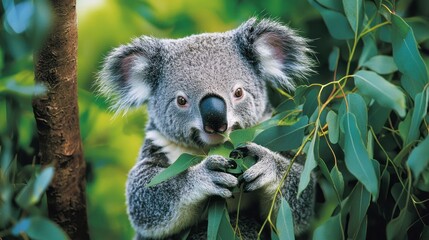 Fototapeta premium A koala munching on eucalyptus leaves in a tree.