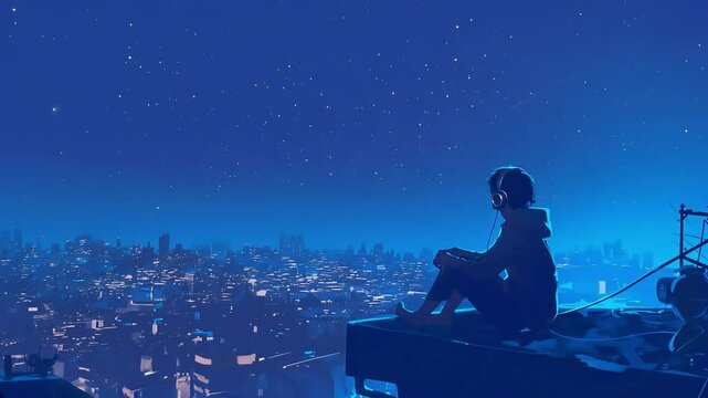 Anime boy with headphones gazing at city lights at night for OBS livestream overlays 4k Video