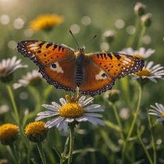 A butterfly perched on a dewy flower in a sunlit meadow.