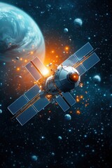 Space Satellite Orbiting a Colorful Planet