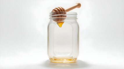 A glass honey jar with a wooden dipper, illuminated by bright lighting, centered on a white background.
