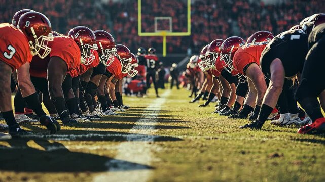 Intense showdown of American football players in stadium during competitive game, American football players in stadium during game