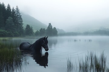 Scottish kelpie in misty loch
